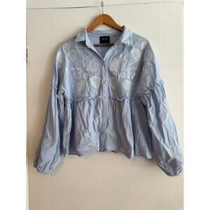 Week& Baby doll Shirt button down white floral embroidery chambray cotton L